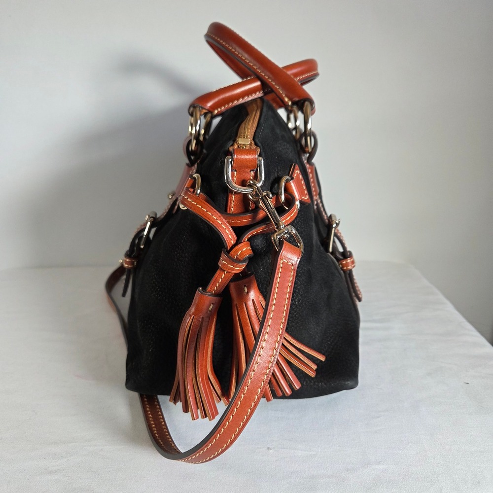 Dooney & Bourke Black Suede Leather Satchel Crossbody Bag Tassels & Dust Bag - Picture 5 of 11